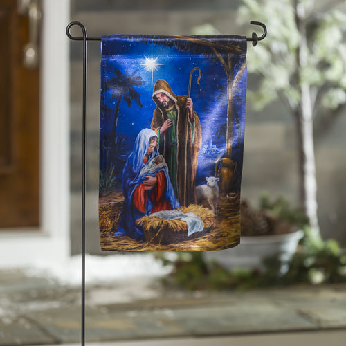 EVERGREEN HOLY NIGHT NATIVITY GARDEN LUSTRE FLAG