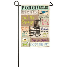 Load image into Gallery viewer, EVERGREEN PORCH RULES SUEDE GARDEN FLAG