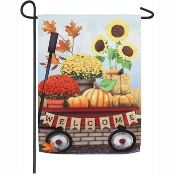 Evergreen Autumn Red Wagon Suede Garden Flag