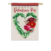 Load image into Gallery viewer, Evergreen Valentine&#39;s Floral Heart Wreath Applique House Flag