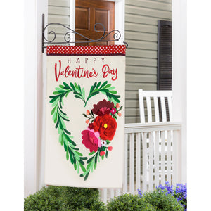 Evergreen Valentine's Floral Heart Wreath Applique House Flag