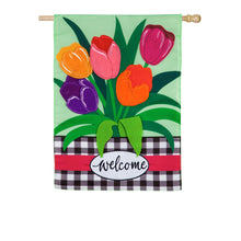 Load image into Gallery viewer, Evergreen Welcome Spring Tulips Applique House Flag