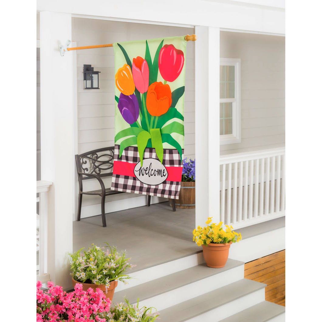 Evergreen Welcome Spring Tulips Applique House Flag