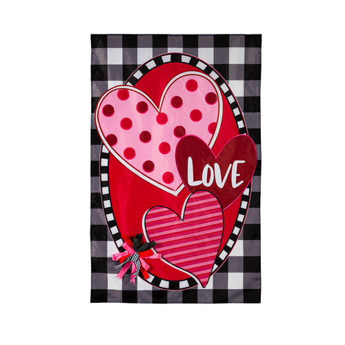 EVERGREEN HEARTS AND LOVE HOUSE APPLIQUE FLAG