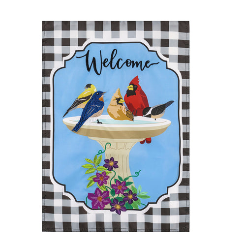 EVERGREEN SONGBIRD BIRDBATH GARDEN APPLIQUE FLAG