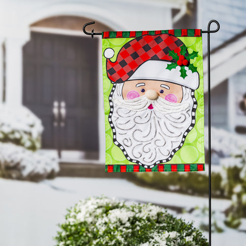 EVERGREEN SANTA CLAUS WITH HOLLY GARDEN APPLIQUE FLAG