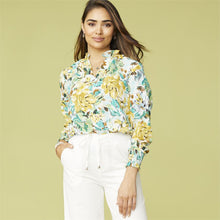 Load image into Gallery viewer, COCO &amp; CARMEN BURKE RUFFLE NECK BLOUSE - AQUA/YELLOW FLORAL