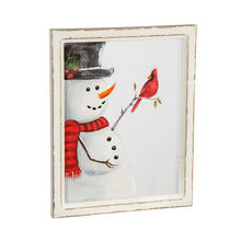 Load image into Gallery viewer, EVERGREEN SNOWMAN WITH CARDINAL HAND PAINTED SCREEN WOOD FRAME WALL DÉCOR, 16&quot;W X 20&quot;H