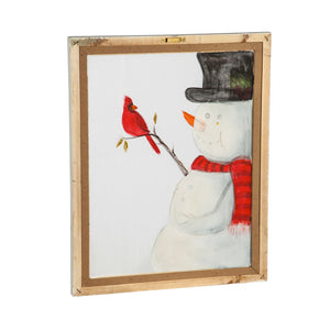 EVERGREEN SNOWMAN WITH CARDINAL HAND PAINTED SCREEN WOOD FRAME WALL DÉCOR, 16"W X 20"H