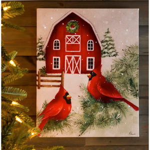 EVERGREEN LED CANVAS WALL DÉCOR, 16"W X 20"H, CARDINALS WITH FARMHOUSE