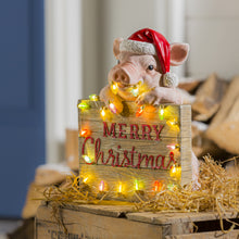 Load image into Gallery viewer, EVERGREEN 10&quot; LED BATTERY OPERATED HOLIDAY PIG WITH CHRISTMAS SIGN GARDEN STATUARY