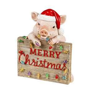 EVERGREEN 10" LED BATTERY OPERATED HOLIDAY PIG WITH CHRISTMAS SIGN GARDEN STATUARY