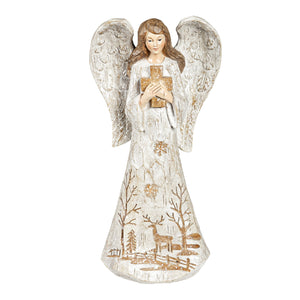 EVERGREEN 12"H WHITE ANGEL WITH WOOD CARVED FINSH GARDEN STATUARY