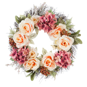EVERGREEN CYPRESS HOME 20" TWIG WREATH WITH ROSES, HYDRANGEAS, PINK FLOWERS, AND BERRIES