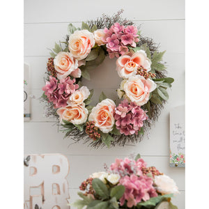 EVERGREEN CYPRESS HOME 20" TWIG WREATH WITH ROSES, HYDRANGEAS, PINK FLOWERS, AND BERRIES