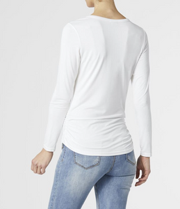 COCO & CARMEN ASHLEY SIDE CINCHED LONG SLEEVE CREW NECK TOP - WINTER WHITE