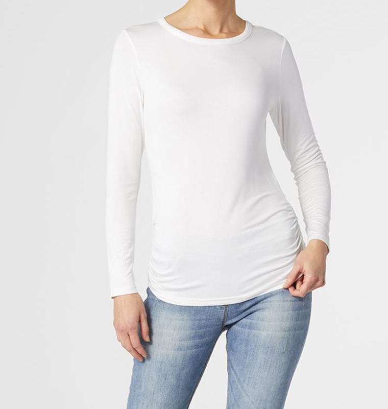 COCO & CARMEN ASHLEY SIDE CINCHED LONG SLEEVE CREW NECK TOP - WINTER WHITE