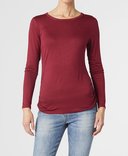 COCO & CARMEN ASHLEY SIDE CINCHED LONG SLEEVE CREW NECK TOP - BURGUNDY