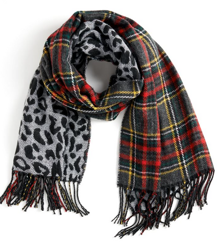Coco & Carmen About Face Reversible Oblong Scarf - Black Red Plaid/ Grey Leopard