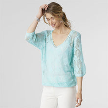 Load image into Gallery viewer, COCO &amp; CARMEN CHELLES 3/4 SLEEVE CROCHET PULLOVER - AQUA