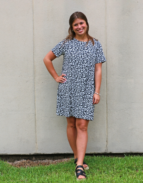 SOUTHERN COUTURE KNIT BLENDED T-SHIRT DRESS - BLACK/WHITE LEOPARD