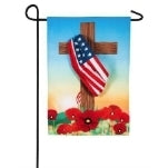 Evergreen Flag Beautiful Patriotic Cross and American Flag Linen Garden Flag