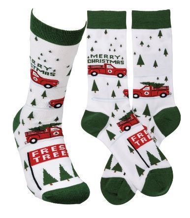 Primitives By Kathy Truck And Tree Merry Christmas Socks