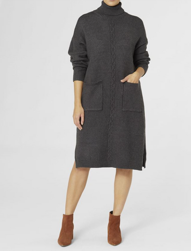 COCO & CARMEN CABLE KNIT TRAIL ROLL NECK SWEATER DRESS - CHARCOAL