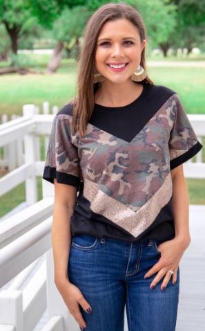 Southern Grace Focus on Me Dolman Top with Camo and Gold Sequins