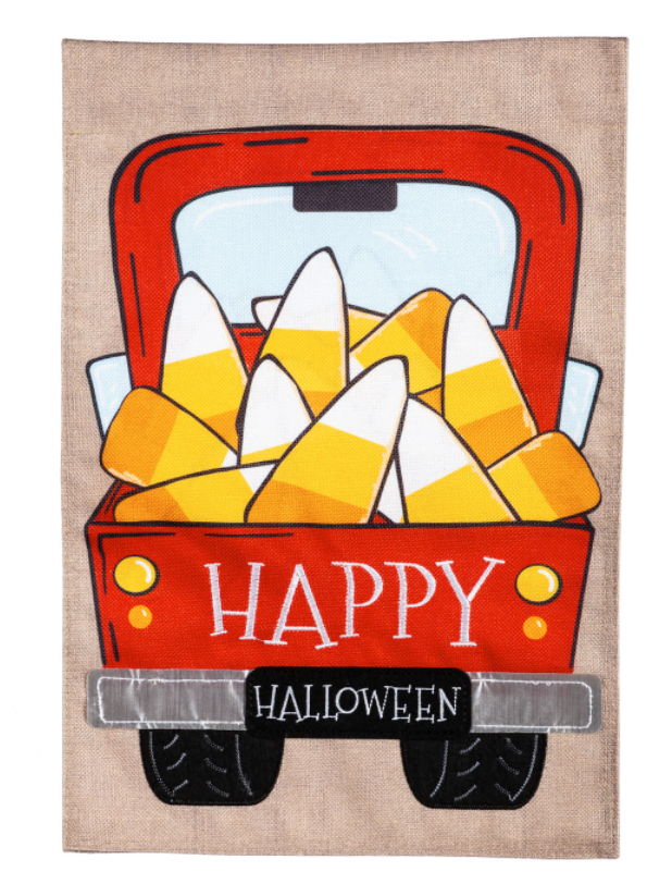 Evergreen Candy Corn Truck Garden Burlap Flag