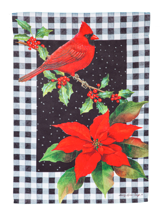 Evergreen Cardinal & Holly Garden Suede Flag