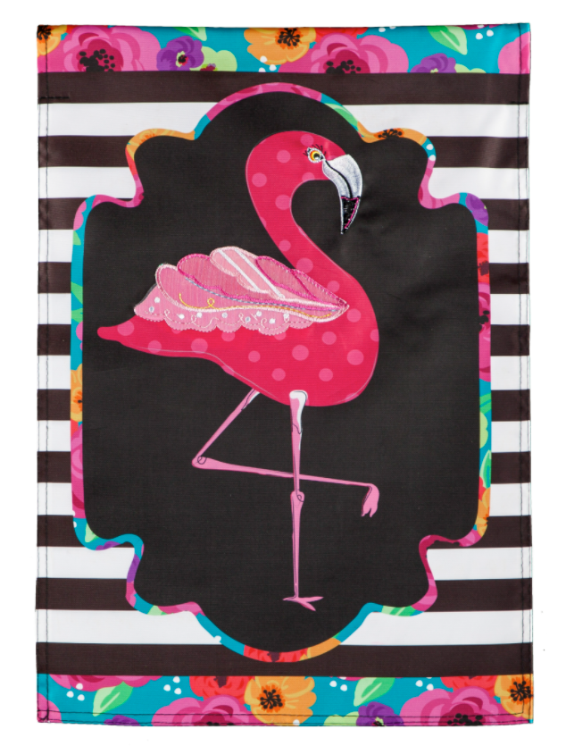Evergreen Flamingo Stripes and Flowers Garden Applique Flag