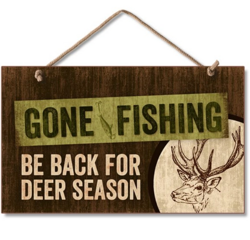 HIGHLAND WOODCRAFT HANGING WOOD SIGN -GONE FISHING