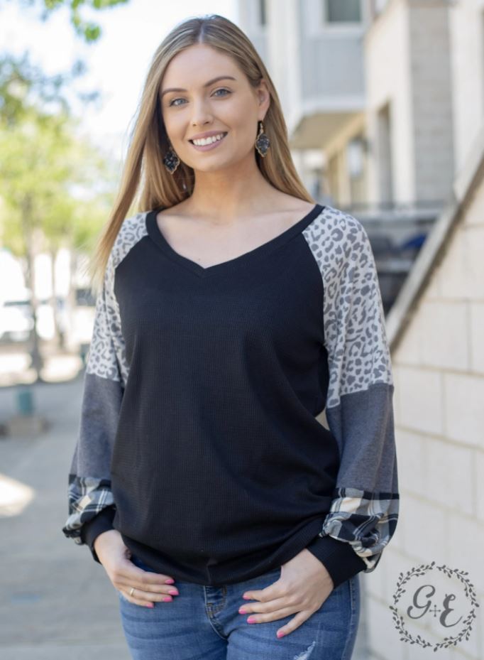 SOUTHERN GRACE LEADER OF THE PACK WAFFLE RAGLAN TOP W BALLOON LONG SLEEVE