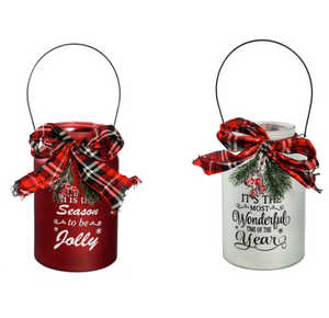 Evergreen LED Jar with Plaid Ribbon, Pine, and Berries