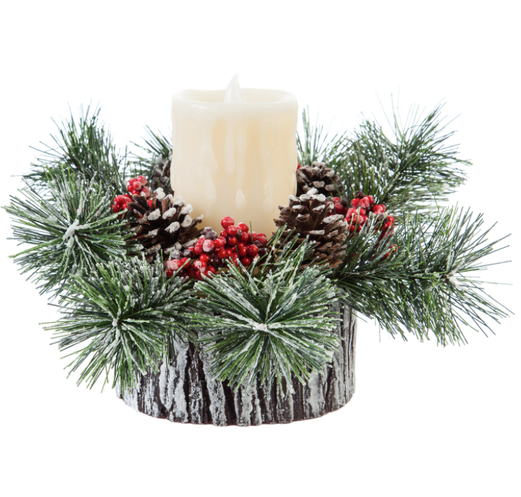 EVERGREEN LED RUSTIC CANDLE WITH BERRY DECOR