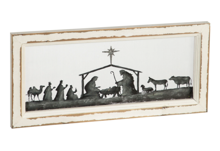 EVERGREEN NATIVITY SCENE HAND PAINTED SCREEN WOOD FRAME WALL DECOR