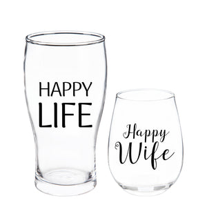 Evergreen Stemless 17 OZ Wine Glass & Beer 16 OZ Cup Gift Set, Happy Wife/Happy Life