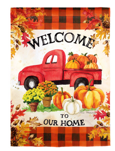 Evergreen Pumpkin Farm Truck Suede Garden Flag