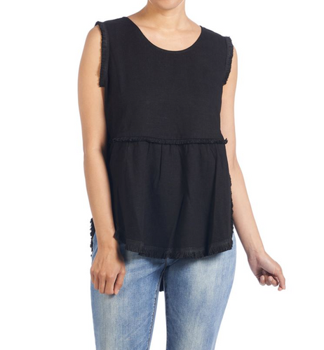 COCO & CARMEN RUNWAY LINEN FRINGE TANK- BLACK