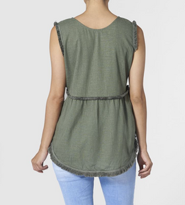 COCO & CARMEN RUNWAY LINEN FRINGE TANK- OLIVE