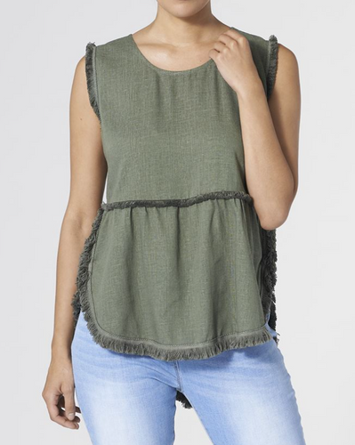 COCO & CARMEN RUNWAY LINEN FRINGE TANK- OLIVE