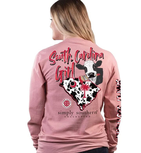 SIMPLY SOUTHERN COLLECTION SOUTH CAROLINA GIRL COW PRINT LONG SLEEVE T-SHIRT