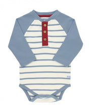 Load image into Gallery viewer, Rugged Butts Slate &amp; Ivory Stripe Raglan Henley Bodysuit