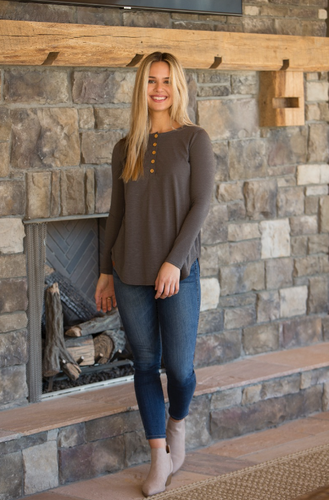 SIMPLY SOUTHERN COLLECTION HENLEY LONG SLEEVE - DARK GRAY