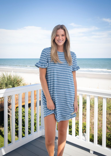 SIMPLY SOUTHERN COLLECTION TERRY RUFFLE SHIRT DRESS - OCEAN