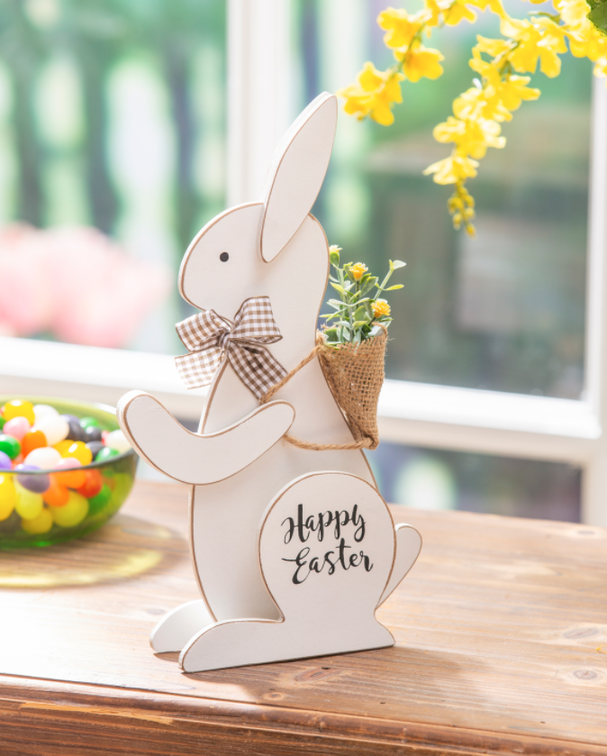 Evergreen Wood Bunny With Artificial Table Décor