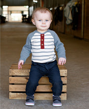 Load image into Gallery viewer, Rugged Butts Slate &amp; Ivory Stripe Raglan Henley Bodysuit