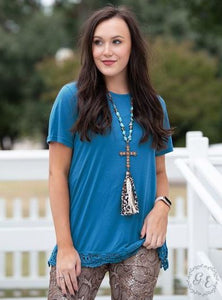 Southern Grace Running Back To You Blue Tee with Crochet Lace Hem