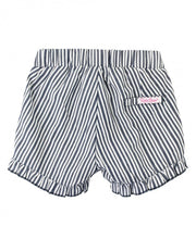 Load image into Gallery viewer, RuffleButts Navy Stripe Ruffle Trim Shorts
